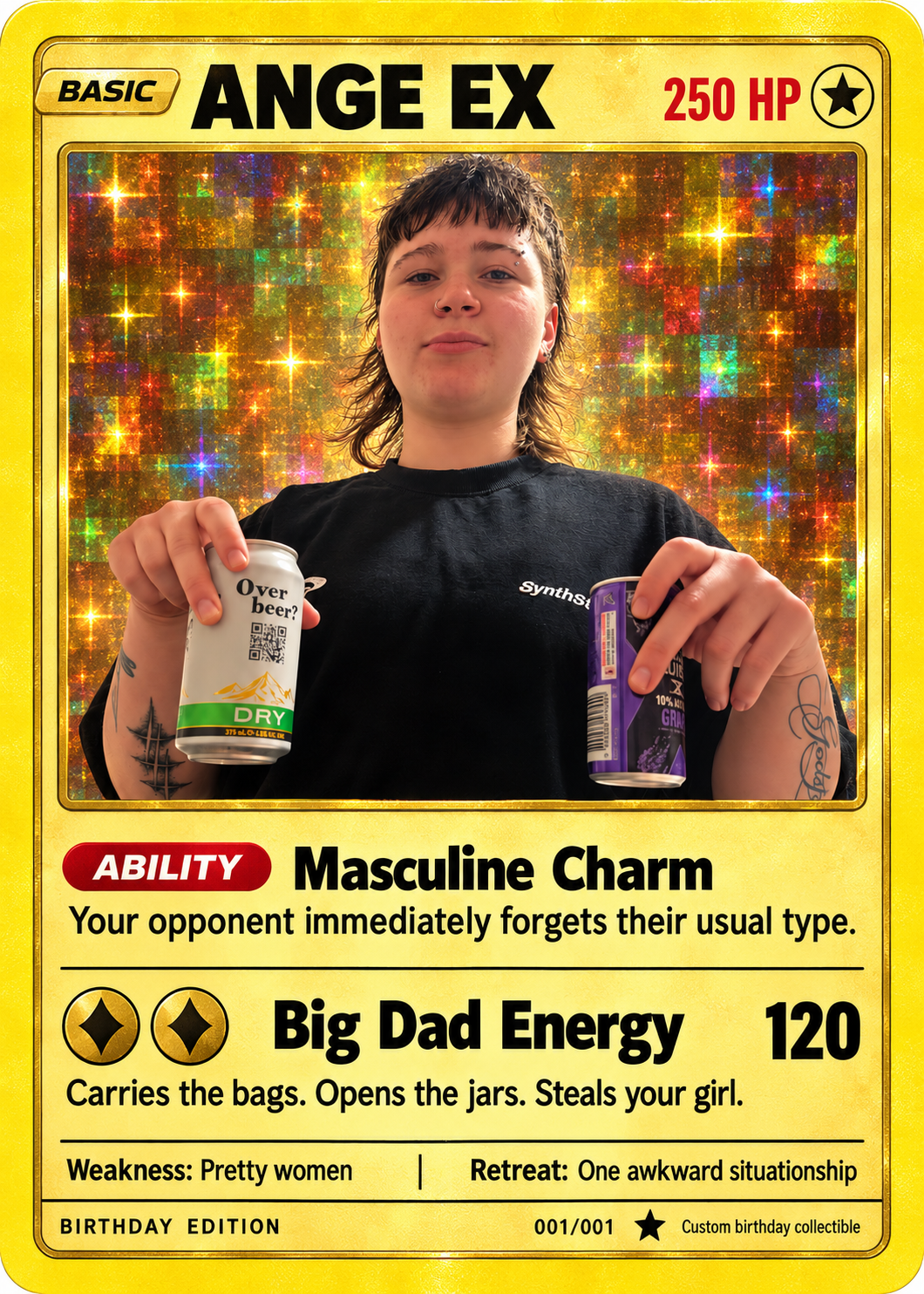 Yellow holographic Ange EX birthday card featuring Ange's photo, 250 HP, Masculine Charm, and the Big Dad Energy attack with 120 damage.